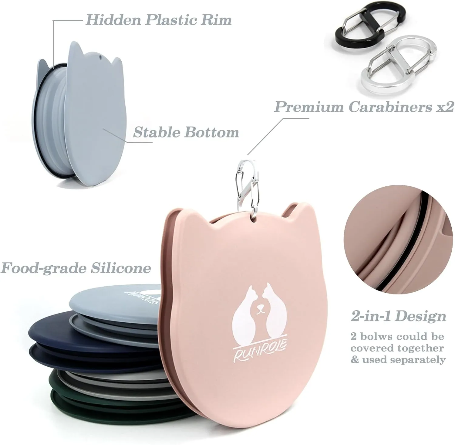 2-in-1 Collapsible Silicone Dog Travel Bowls, Slot Together and Use Separately, Portable Pet Food Water Bowls, Foldable Cat Feeding Watering Dishes, 20OZ 27OZ(Blush Pink)
