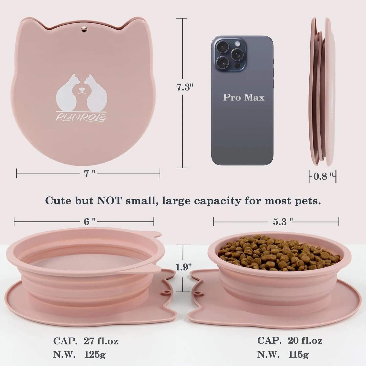 2-in-1 Collapsible Silicone Dog Travel Bowls, Slot Together and Use Separately, Portable Pet Food Water Bowls, Foldable Cat Feeding Watering Dishes, 20OZ 27OZ(Blush Pink)