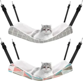 2 Pieces Reversible Cat Hanging Hammock Soft Breathable Pet Cage Hammock with Adjustable Straps and Metal Hooks Double Sided Hanging Bed for Small Dogs Rabbits(Geometry Pattern,L)
