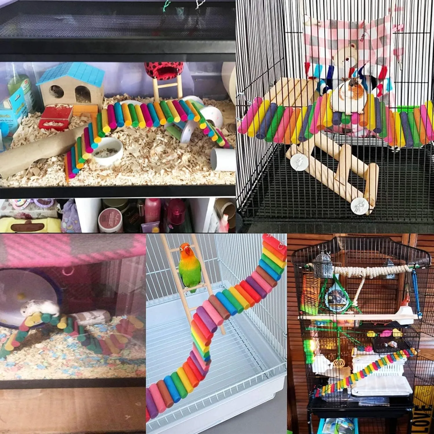 2Piece Hamster Colorful Bridge,Flexible Bendy Climbing Ladder Hanging Wooden Stairs Chew Toy for Bird Parrot Chipmunk Sugar Glider Gerbil Mice