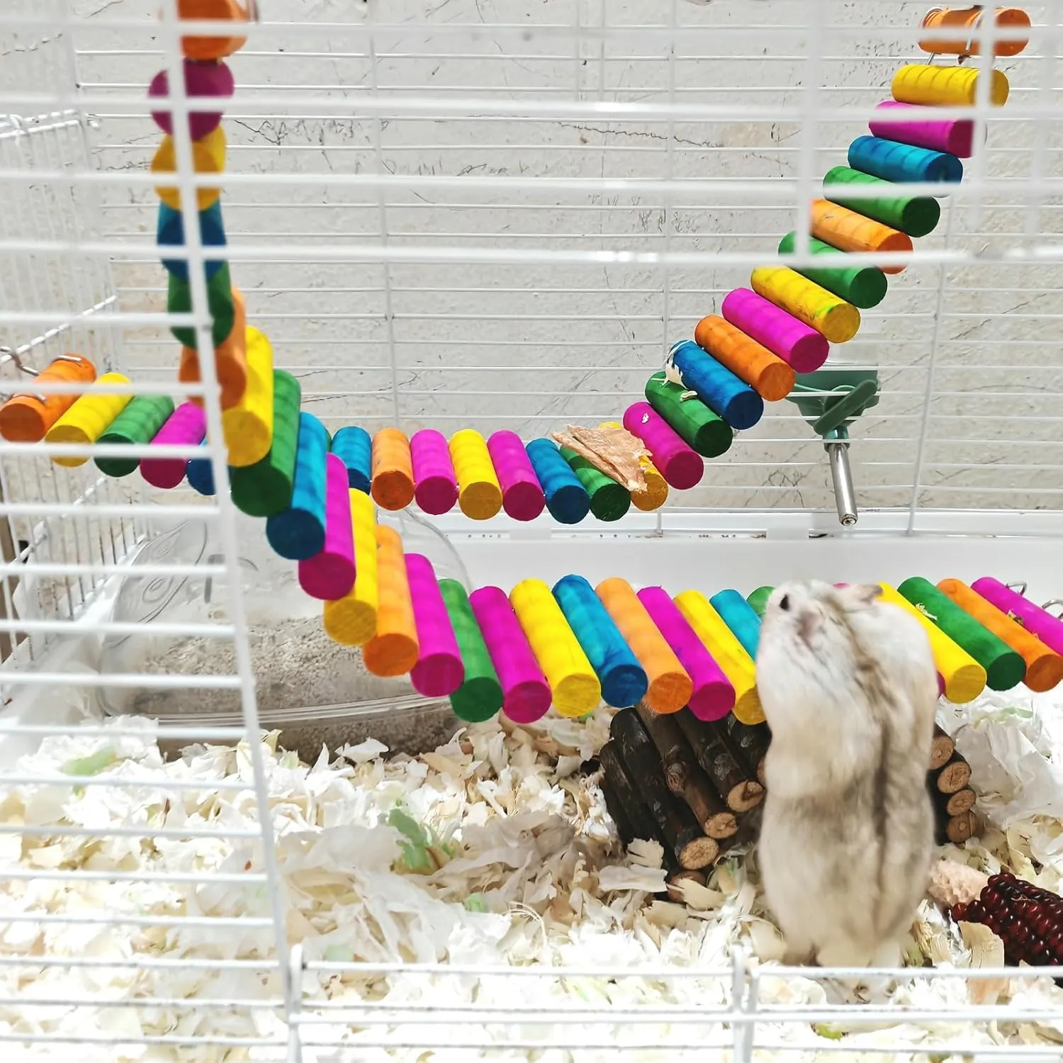 2Piece Hamster Colorful Bridge,Flexible Bendy Climbing Ladder Hanging Wooden Stairs Chew Toy for Bird Parrot Chipmunk Sugar Glider Gerbil Mice