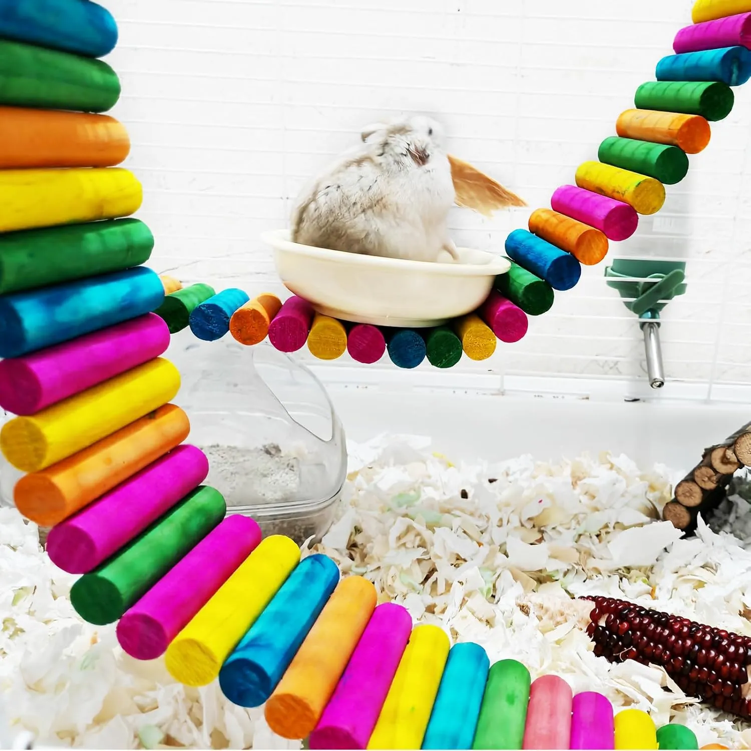 2Piece Hamster Colorful Bridge,Flexible Bendy Climbing Ladder Hanging Wooden Stairs Chew Toy for Bird Parrot Chipmunk Sugar Glider Gerbil Mice