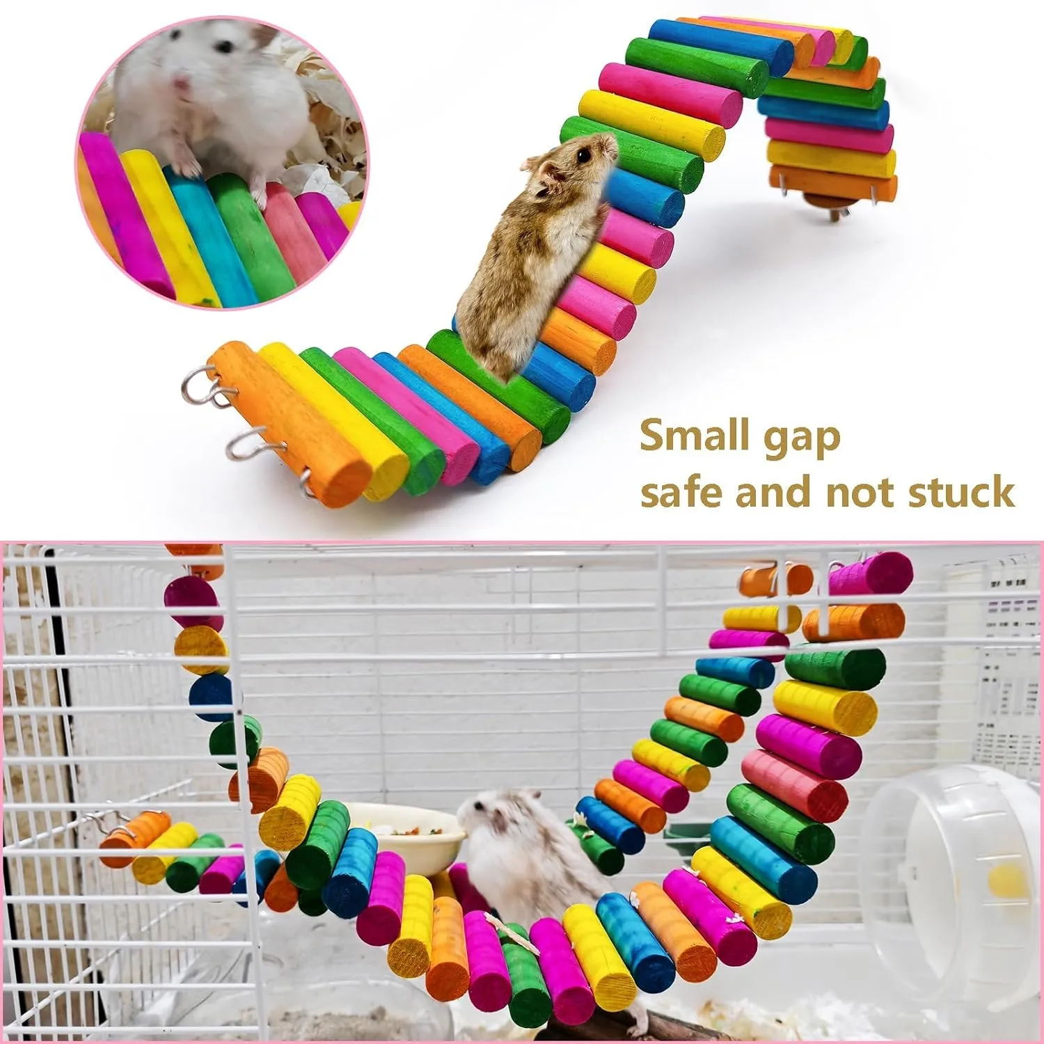 2Piece Hamster Colorful Bridge,Flexible Bendy Climbing Ladder Hanging Wooden Stairs Chew Toy for Bird Parrot Chipmunk Sugar Glider Gerbil Mice