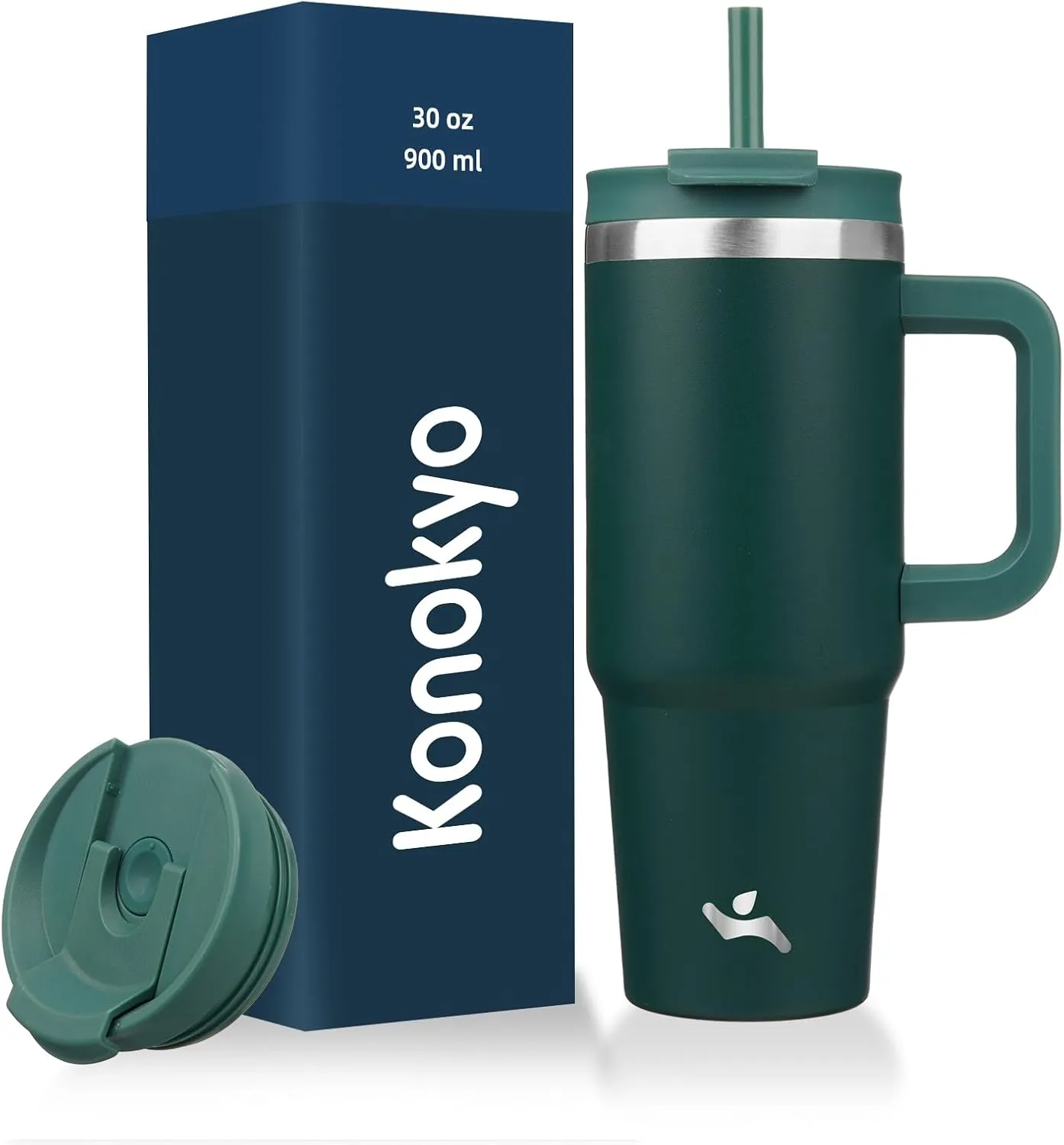 30 oz Tumbler with Handle and 2 Straws,2 in 1 Lid Insulated Water Bottle Stainless Steel Travel Coffee Mug,Dark Green