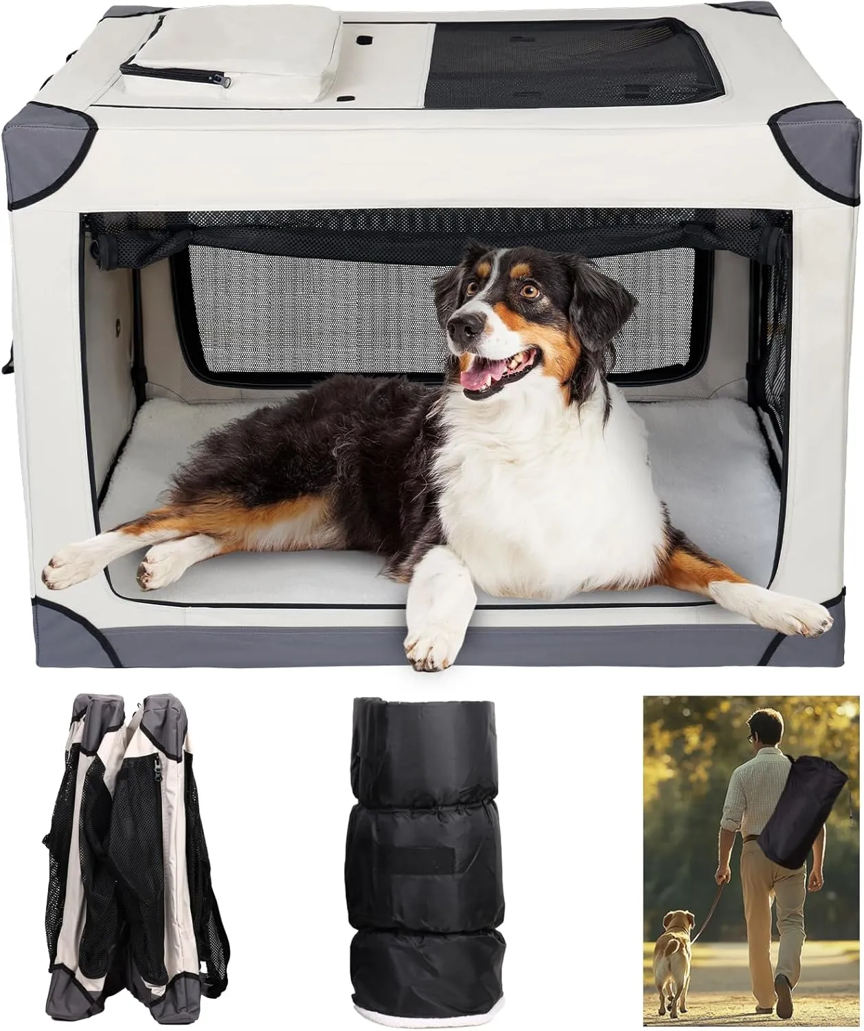 36 Inch Foldable Dog Crate - Portable Pet Travel Crate Kennel for Large Dog, 4-Door Crate with Mesh Windows, Indoor & Outdoor