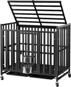 42/38-Inch Heavy Duty Rugged Dog Crate, Escape Proof Crate Indoor with Two Dog Bowls with Lockable Wheels, High Anxiety Double Doors for Medium to Large Dogs with Removable Tray