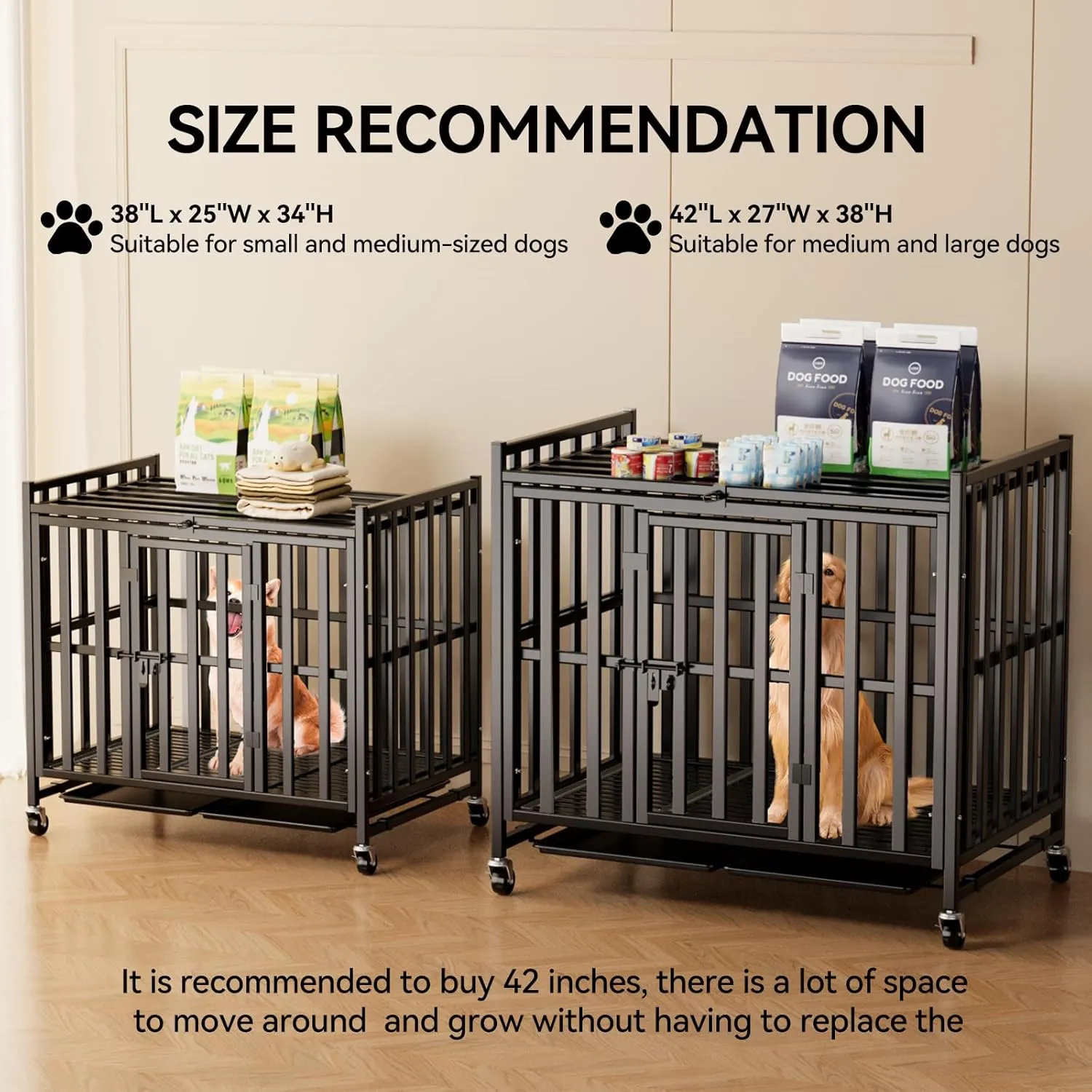 42/38-Inch Heavy Duty Rugged Dog Crate, Escape Proof Crate Indoor with Two Dog Bowls with Lockable Wheels, High Anxiety Double Doors for Medium to Large Dogs with Removable Tray
