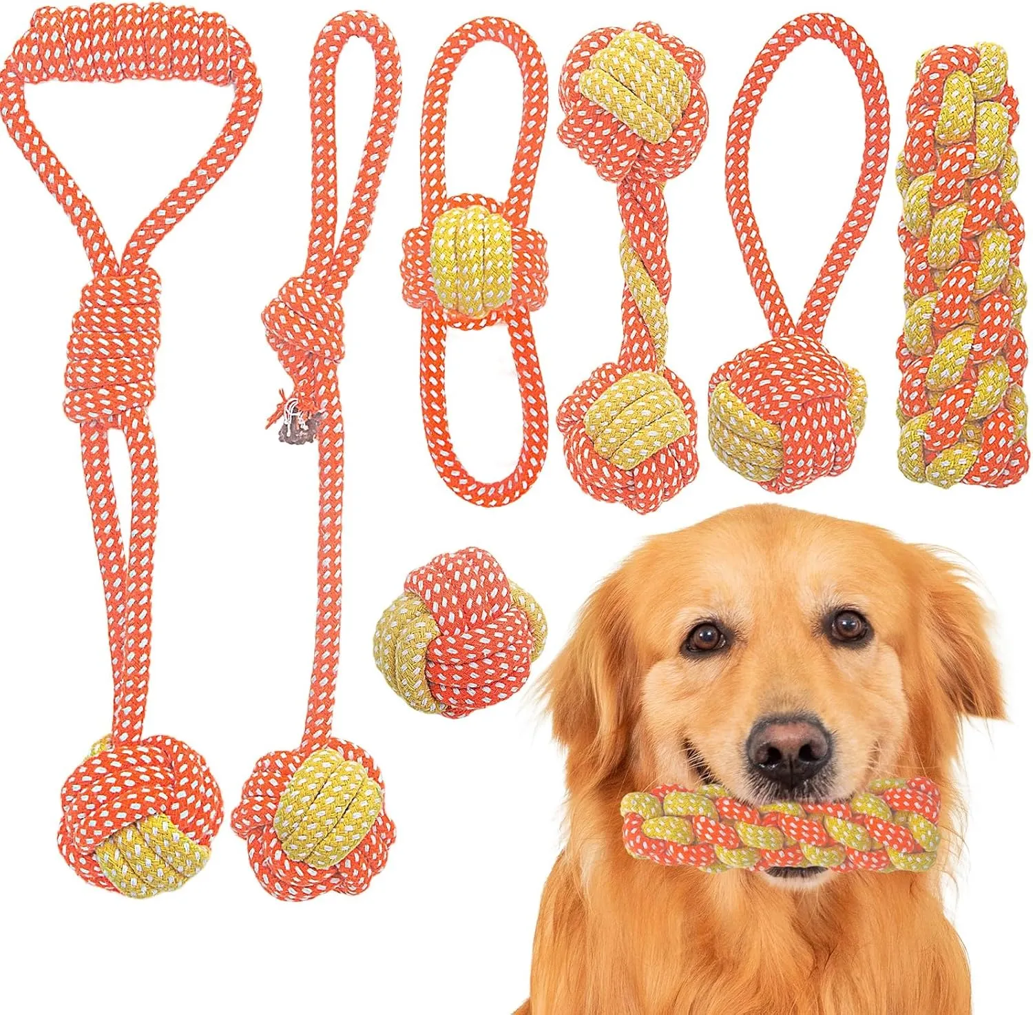 7 Pack Puppy Rope Toys - Variety of Dog Cotton Rope Toys for Small Dogs, Teething, Chewing & Boredom Relief - Orange