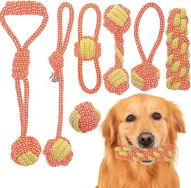 7 Pack Puppy Rope Toys - Variety of Dog Cotton Rope Toys for Small Dogs, Teething, Chewing & Boredom Relief - Orange