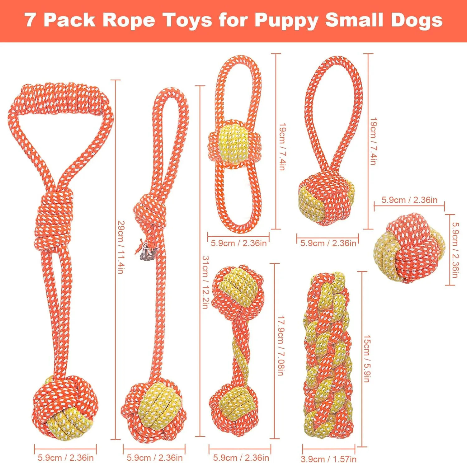 7 Pack Puppy Rope Toys - Variety of Dog Cotton Rope Toys for Small Dogs, Teething, Chewing & Boredom Relief - Orange