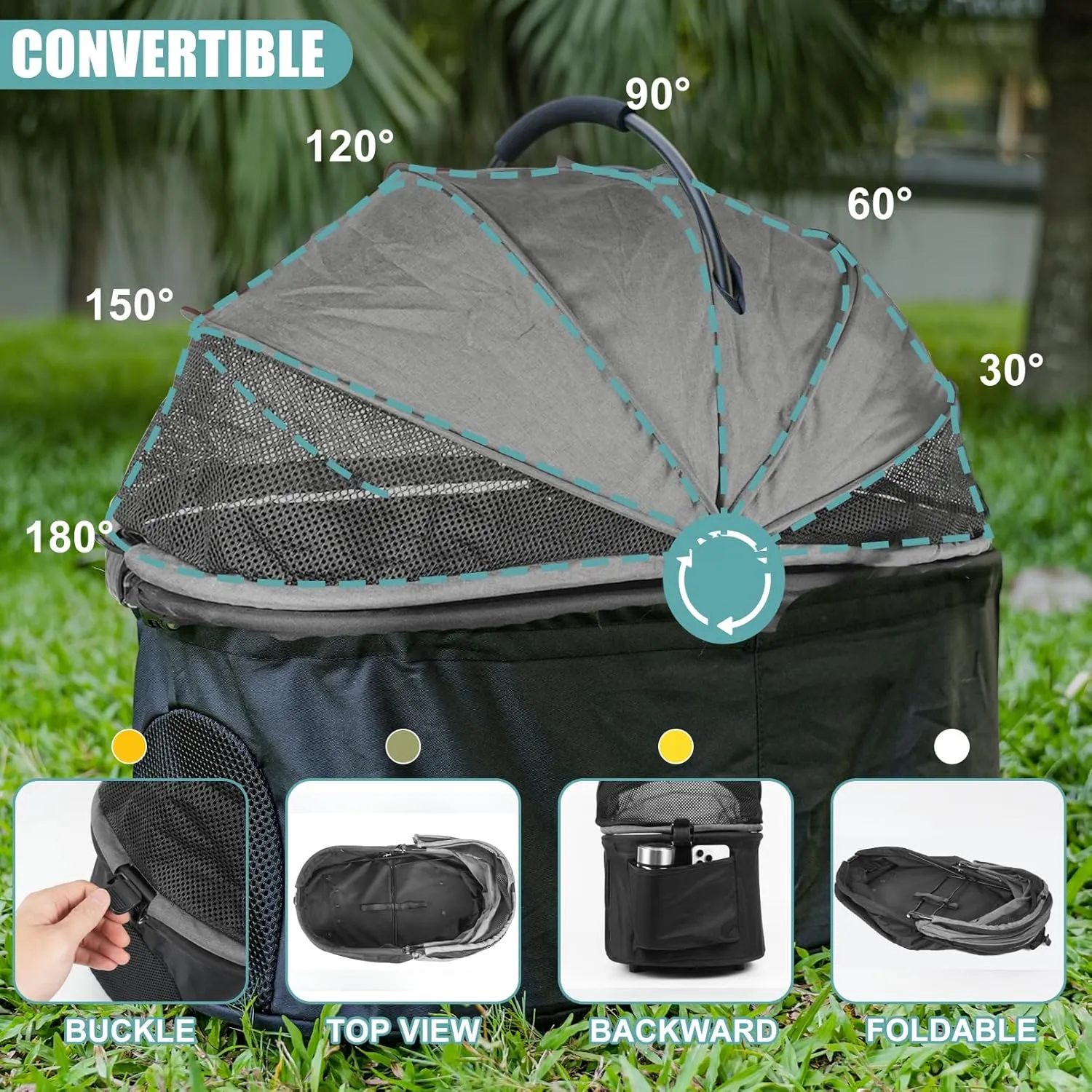 All-Terrain Cat Stroller for 2 Cats/Dogs, Detachable Carrier & 10" Wheels - Grey, Foldable 3-in-1 Design for Park, Mall & Vet Visits