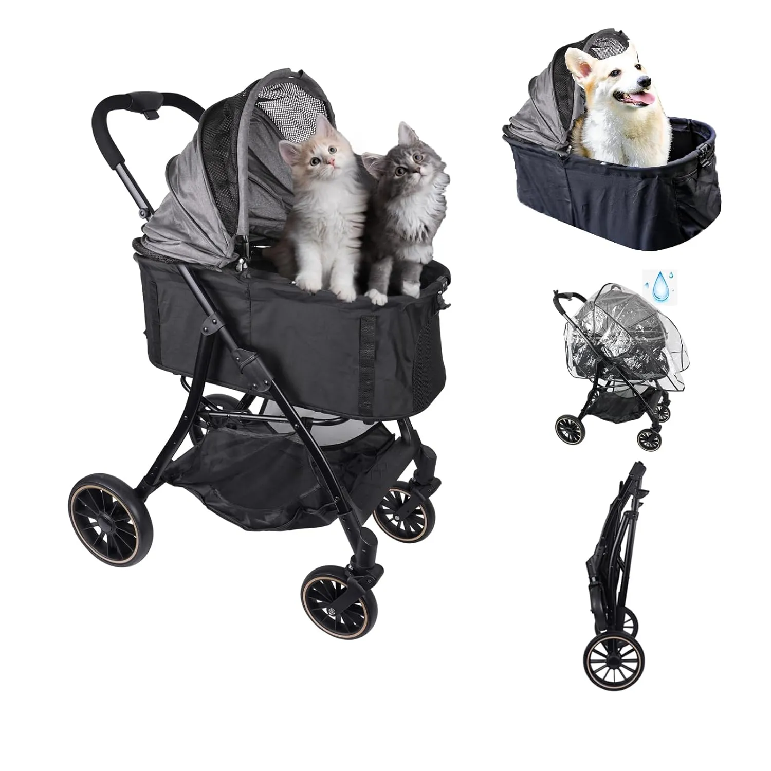 All-Terrain Cat Stroller for 2 Cats/Dogs, Detachable Carrier & 10" Wheels - Grey, Foldable 3-in-1 Design for Park, Mall & Vet Visits