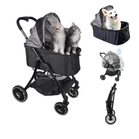 All-Terrain Cat Stroller for 2 Cats/Dogs, Detachable Carrier & 10" Wheels - Grey, Foldable 3-in-1 Design for Park, Mall & Vet Visits