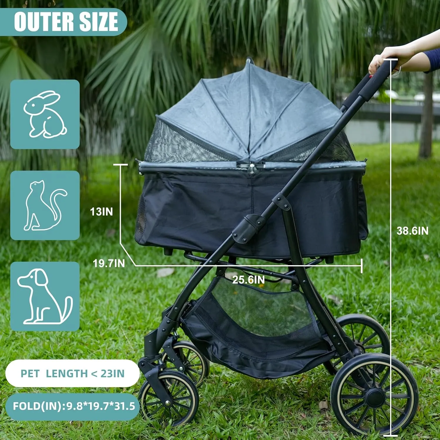 All-Terrain Cat Stroller for 2 Cats/Dogs, Detachable Carrier & 10" Wheels - Grey, Foldable 3-in-1 Design for Park, Mall & Vet Visits