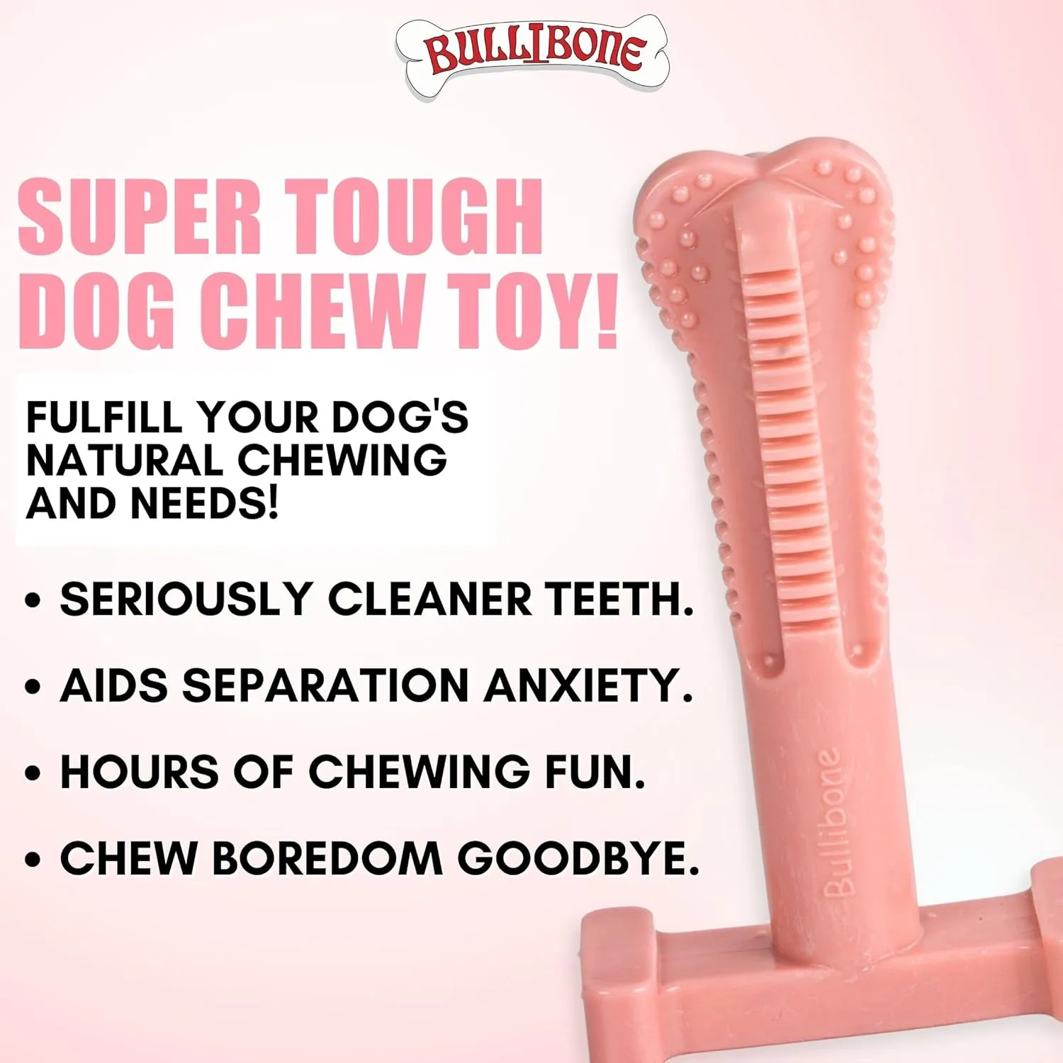 Bullibone SuperBrush: Dog Teeth Cleaning Brushing Toothbrush Stick - Long Lasting Nylon Pink Peppermint Chew Toy for Oral Care and Dental Health