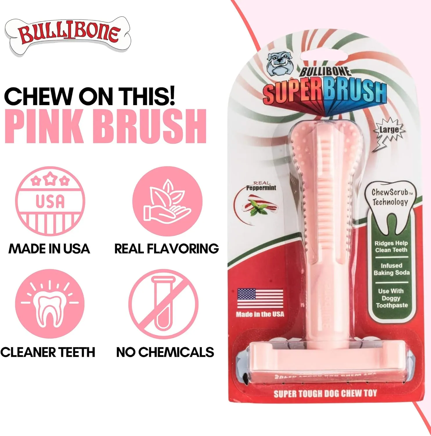 Bullibone SuperBrush: Dog Teeth Cleaning Brushing Toothbrush Stick - Long Lasting Nylon Pink Peppermint Chew Toy for Oral Care and Dental Health