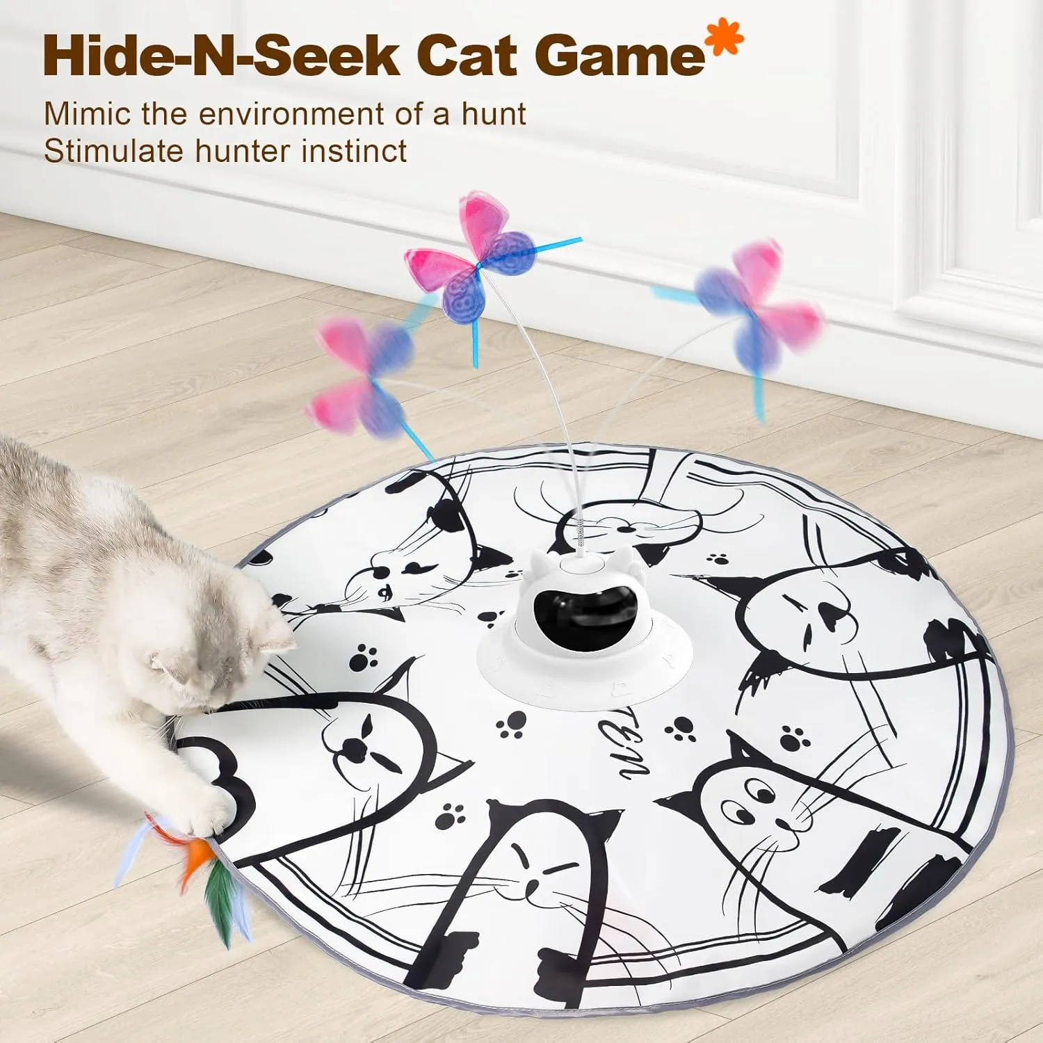 Cat Toys Interactive 2-in-1 Rechargeable Unpredicatable Moving Feather Cat Wand Hide and Seek, Spinning Butterfly, Kitten Toys for Indoor Cats Exercise