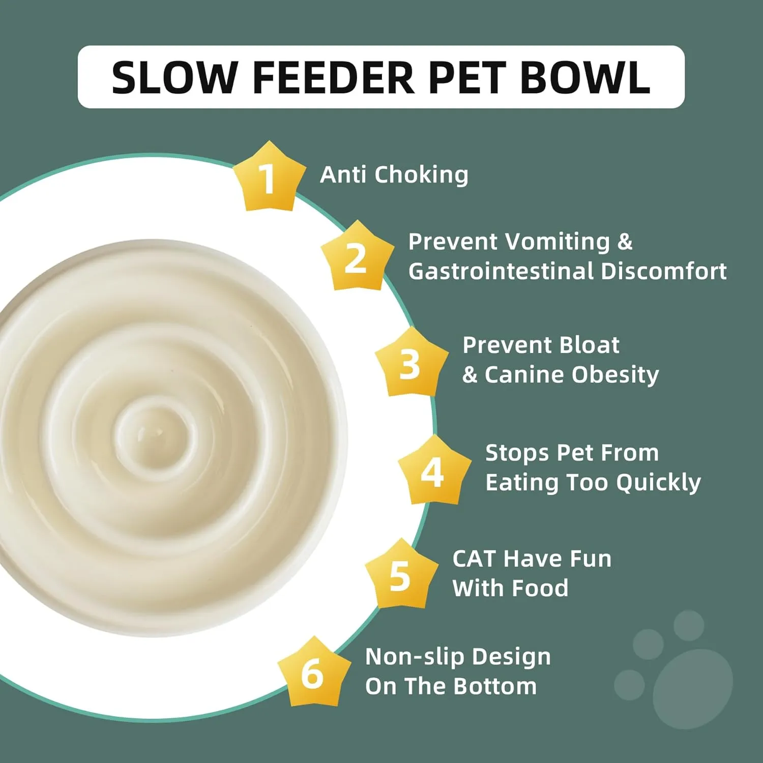 Ceramic Slow Cat Feeder Bowl for Cat, Slow Cat Food Bowl, Pet Slowe Feeder Bowl, Circle Shape. (Bowl x 2 - Cream, 6inch)
