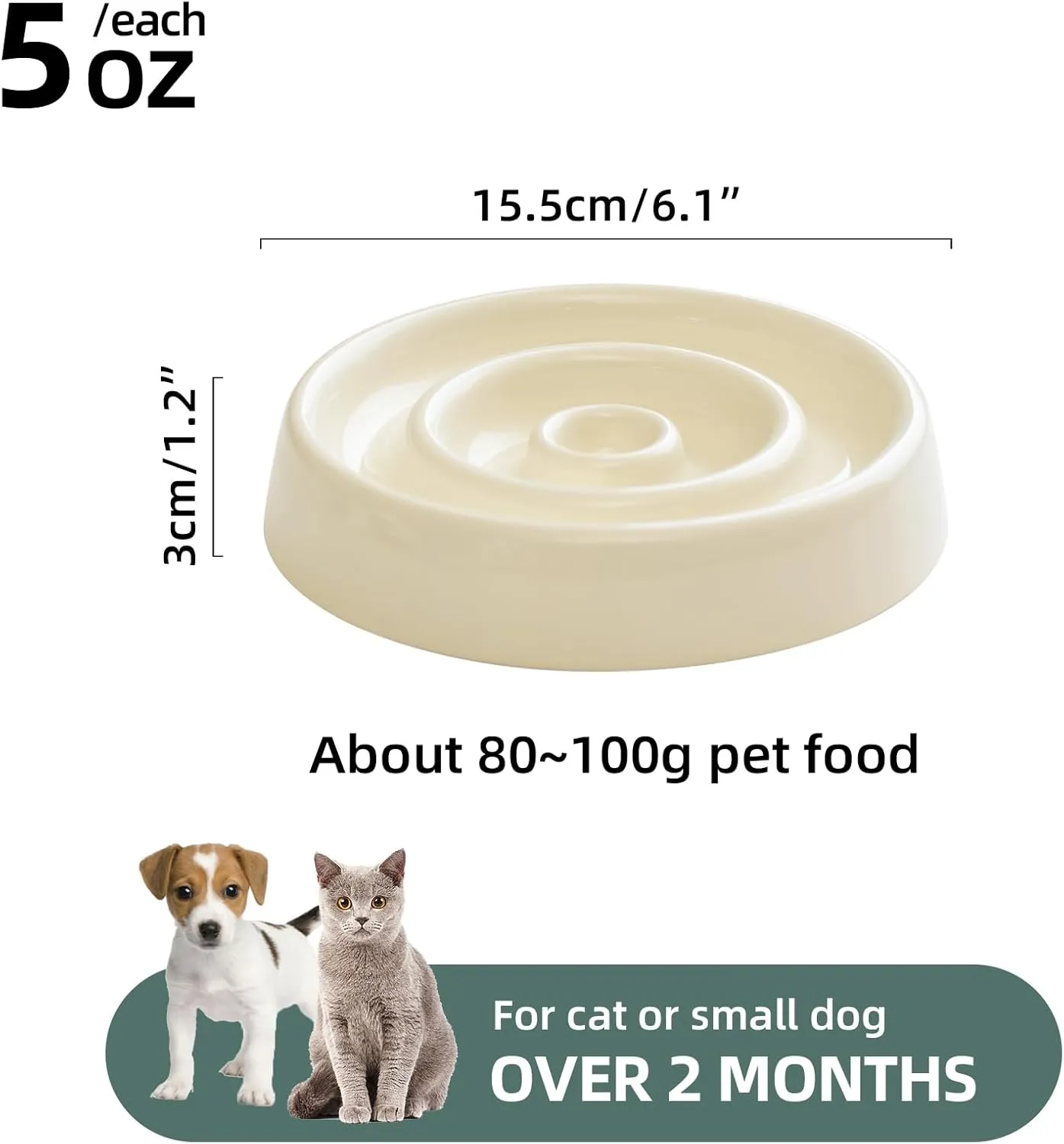 Ceramic Slow Cat Feeder Bowl for Cat, Slow Cat Food Bowl, Pet Slowe Feeder Bowl, Circle Shape. (Bowl x 2 - Cream, 6inch)