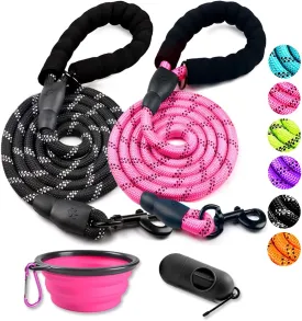 COOYOO 2 Pack Dog Leash 5 FT Heavy Duty - Comfortable Padded Handle - Reflective Dog Leash for Medium Large Dogs with Collapsible Pet Bowl