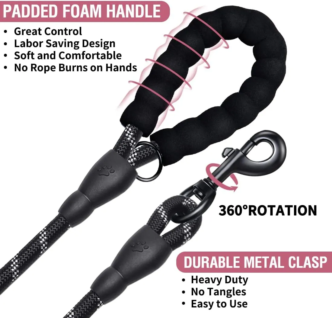 COOYOO 2 Pack Dog Leash 5 FT Heavy Duty - Comfortable Padded Handle - Reflective Dog Leash for Medium Large Dogs with Collapsible Pet Bowl