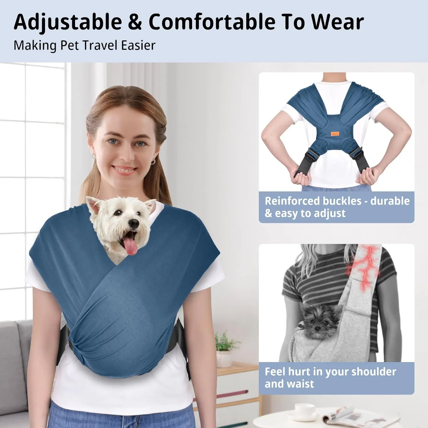 CUBY Swaddle Dog Sling Carrier for Small Dogs, Front Pet Sling Carrier Chest,Hands Free Adjustable Cat Sling Carrier Soft Cotton Reducing Pain Puppy Sling Carrier for Small Pet Up to 10lb (Blue)