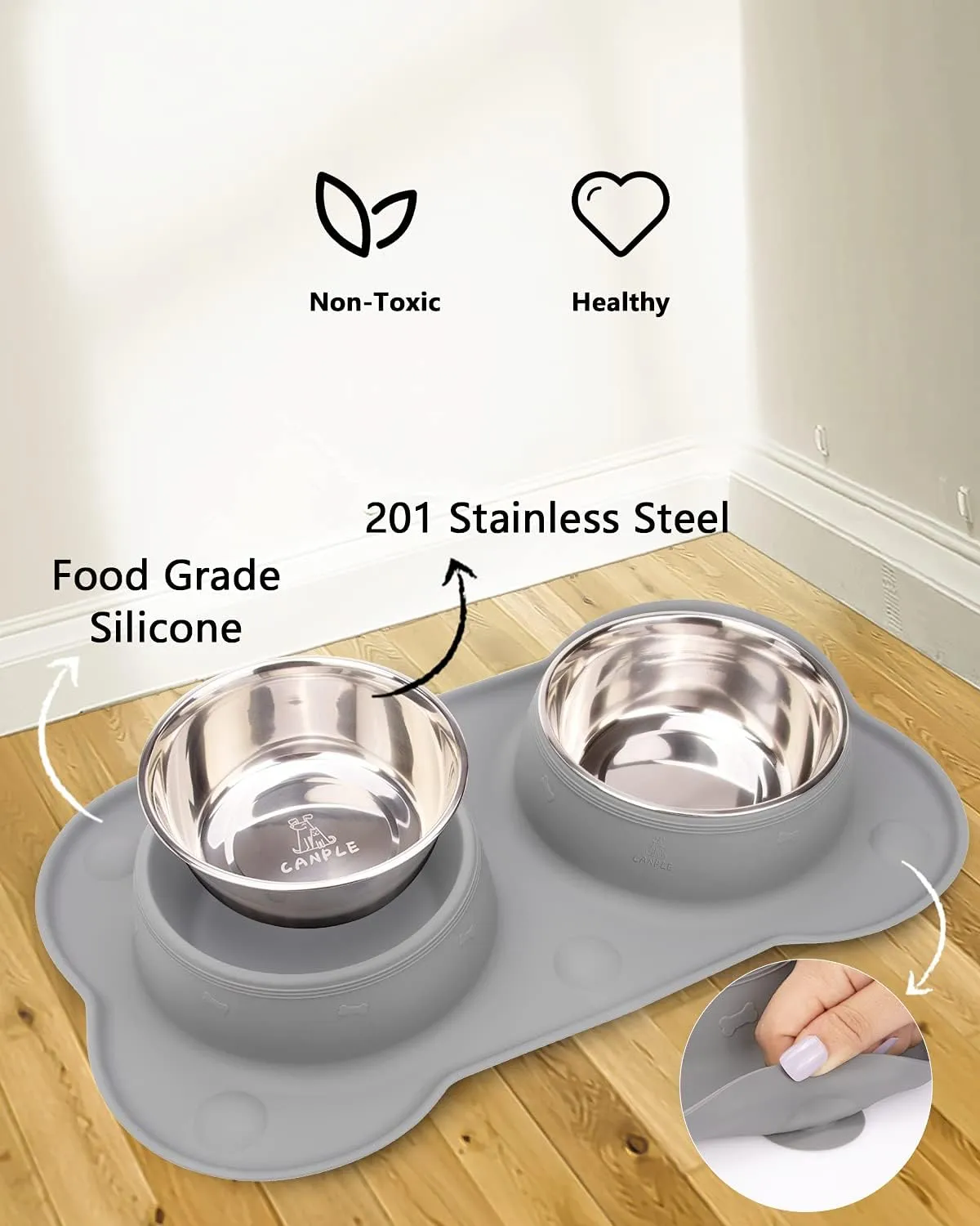 Dog Bowl Stainless Steel Dog Bowls Food Water Pet Feeder with No Spill Non-Skid [Strong Suction Cup] Silicone Mat Waterproof for Pets Small Medium Large Dogs (27 OZ ea, Grey)