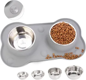 Dog Bowl Stainless Steel Dog Bowls Food Water Pet Feeder with No Spill Non-Skid [Strong Suction Cup] Silicone Mat Waterproof for Pets Small Medium Large Dogs (27 OZ ea, Grey)