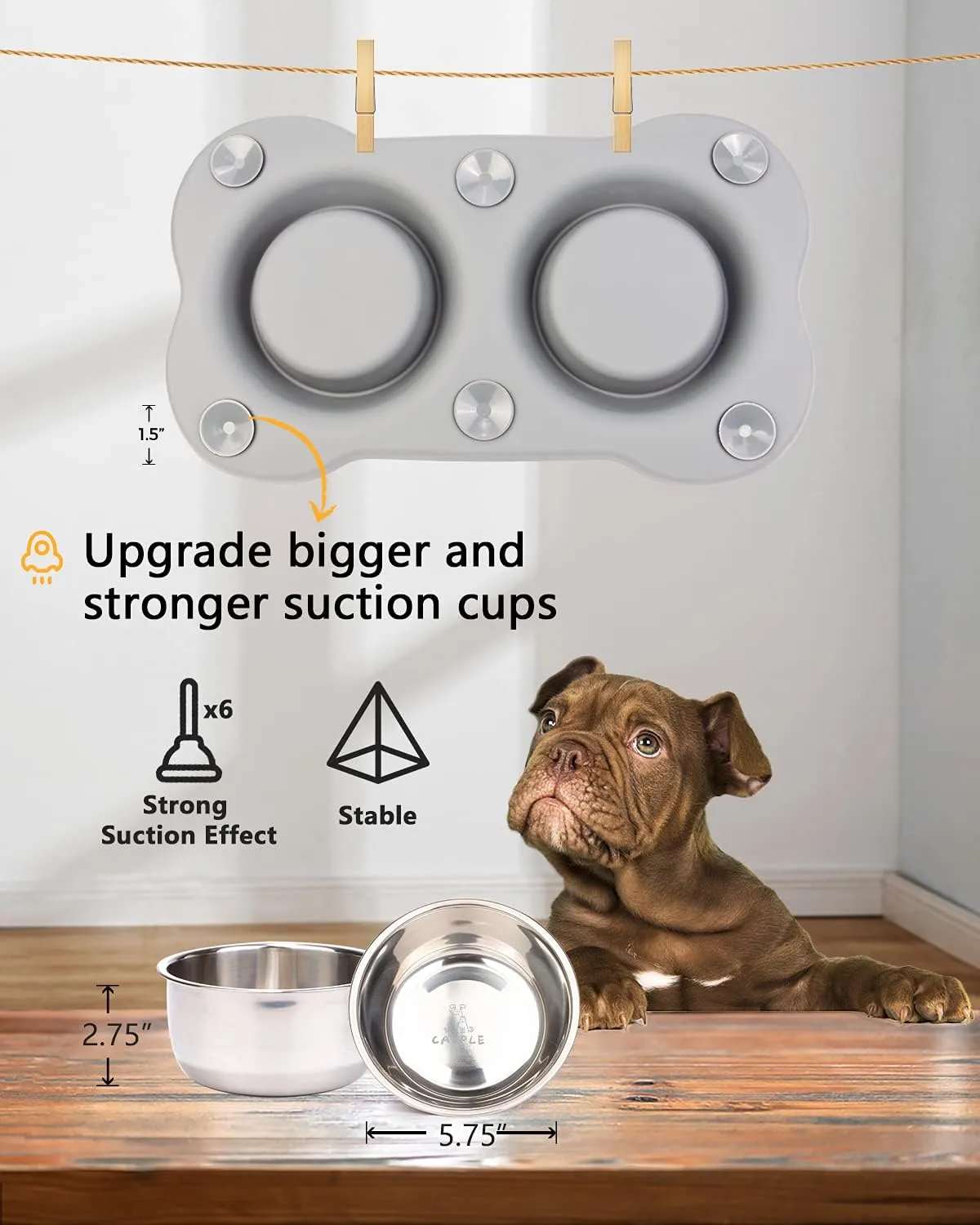 Dog Bowl Stainless Steel Dog Bowls Food Water Pet Feeder with No Spill Non-Skid [Strong Suction Cup] Silicone Mat Waterproof for Pets Small Medium Large Dogs (27 OZ ea, Grey)