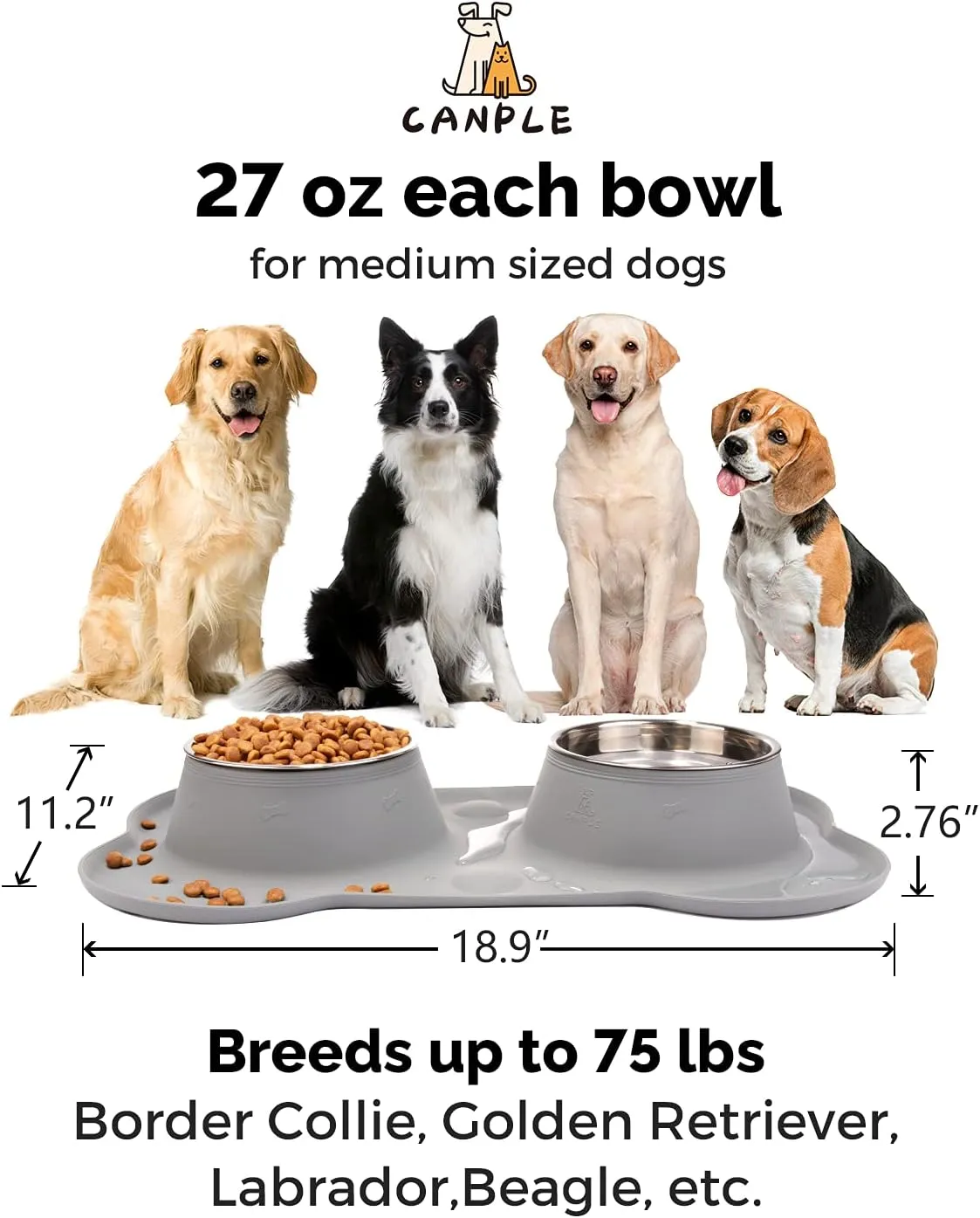 Dog Bowl Stainless Steel Dog Bowls Food Water Pet Feeder with No Spill Non-Skid [Strong Suction Cup] Silicone Mat Waterproof for Pets Small Medium Large Dogs (27 OZ ea, Grey)