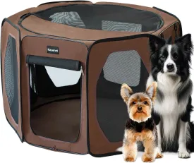 Dog Playpen, Cat Dog Crate Portable Pet Exercise Cage Kennel House Puppy Playpen Animal Playpen Indoor/Outdoor, Water-Resistant Kennel Tent with Traveling Bag (Brown, Large)