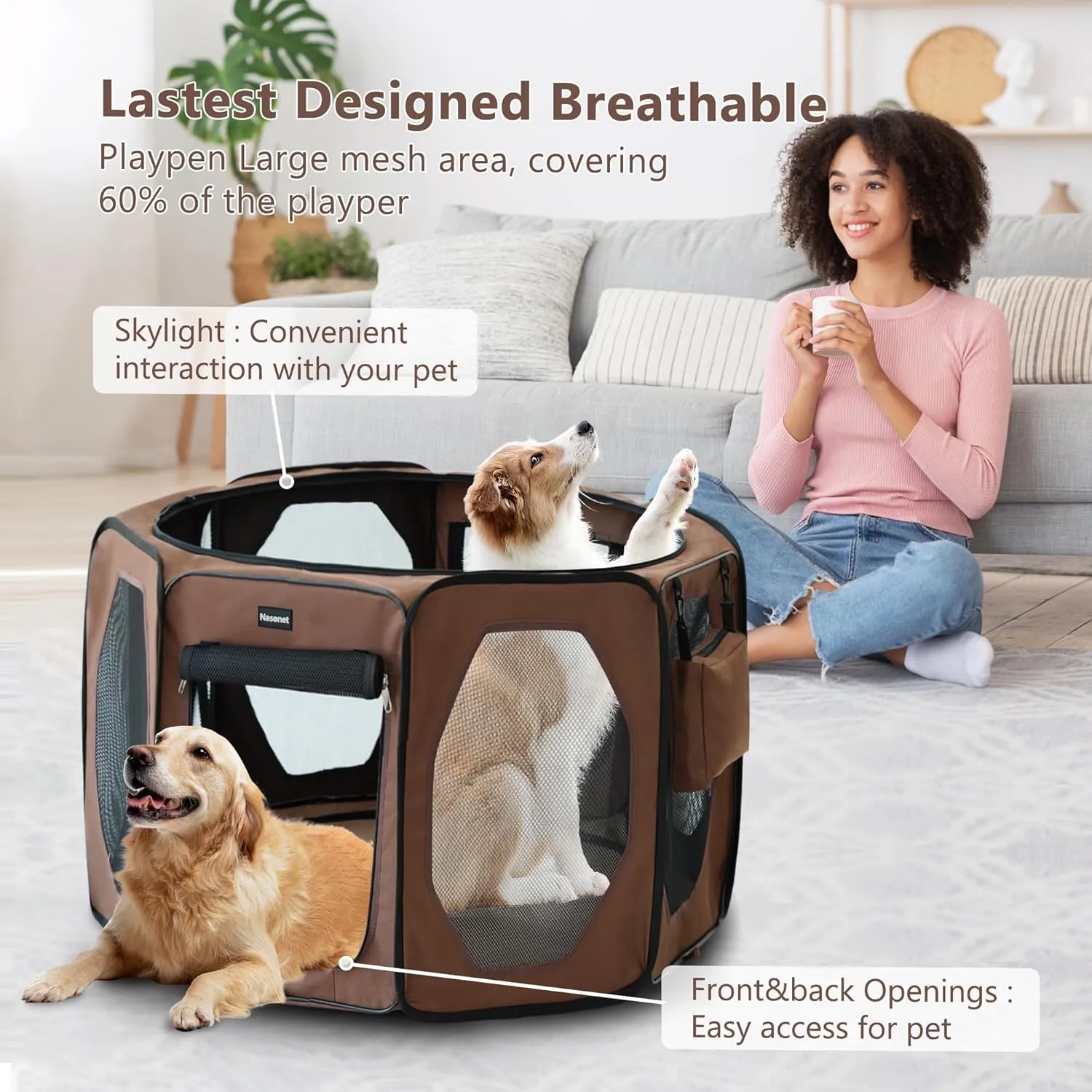 Dog Playpen, Cat Dog Crate Portable Pet Exercise Cage Kennel House Puppy Playpen Animal Playpen Indoor/Outdoor, Water-Resistant Kennel Tent with Traveling Bag (Brown, Large)
