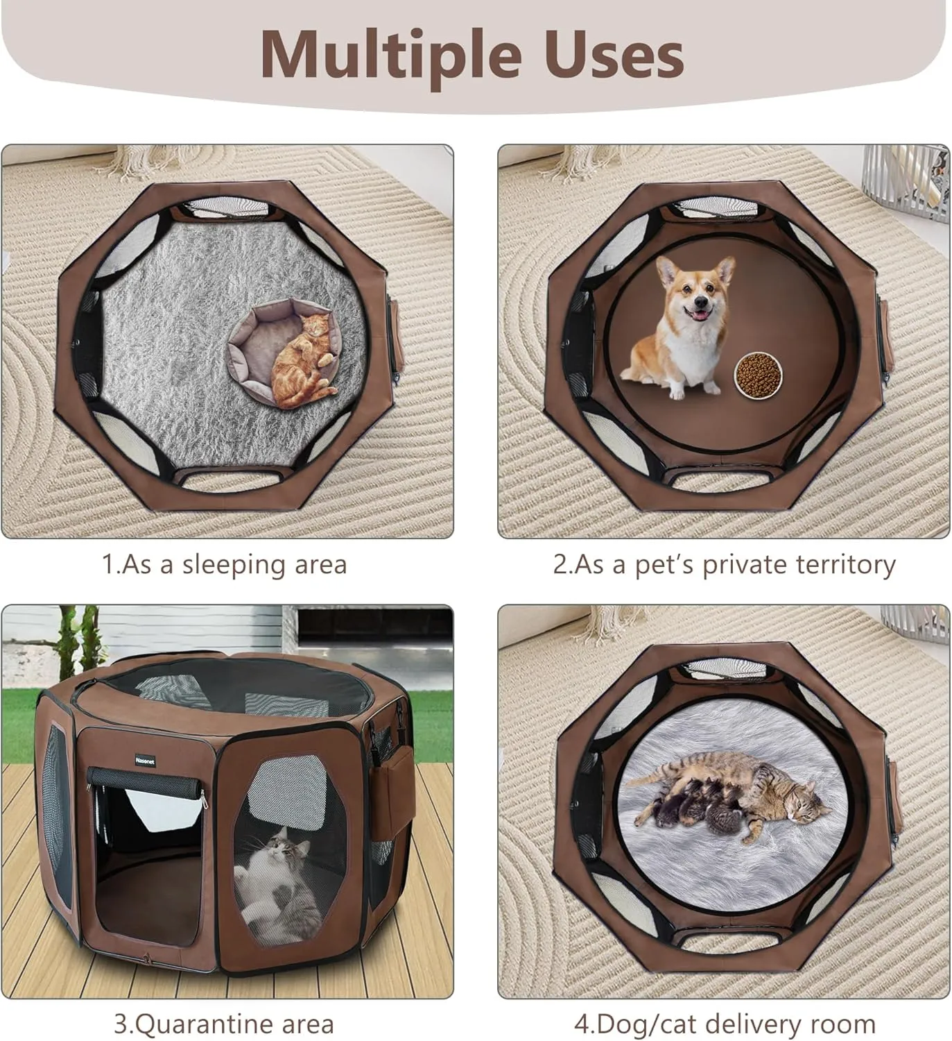 Dog Playpen, Cat Dog Crate Portable Pet Exercise Cage Kennel House Puppy Playpen Animal Playpen Indoor/Outdoor, Water-Resistant Kennel Tent with Traveling Bag (Brown, Large)