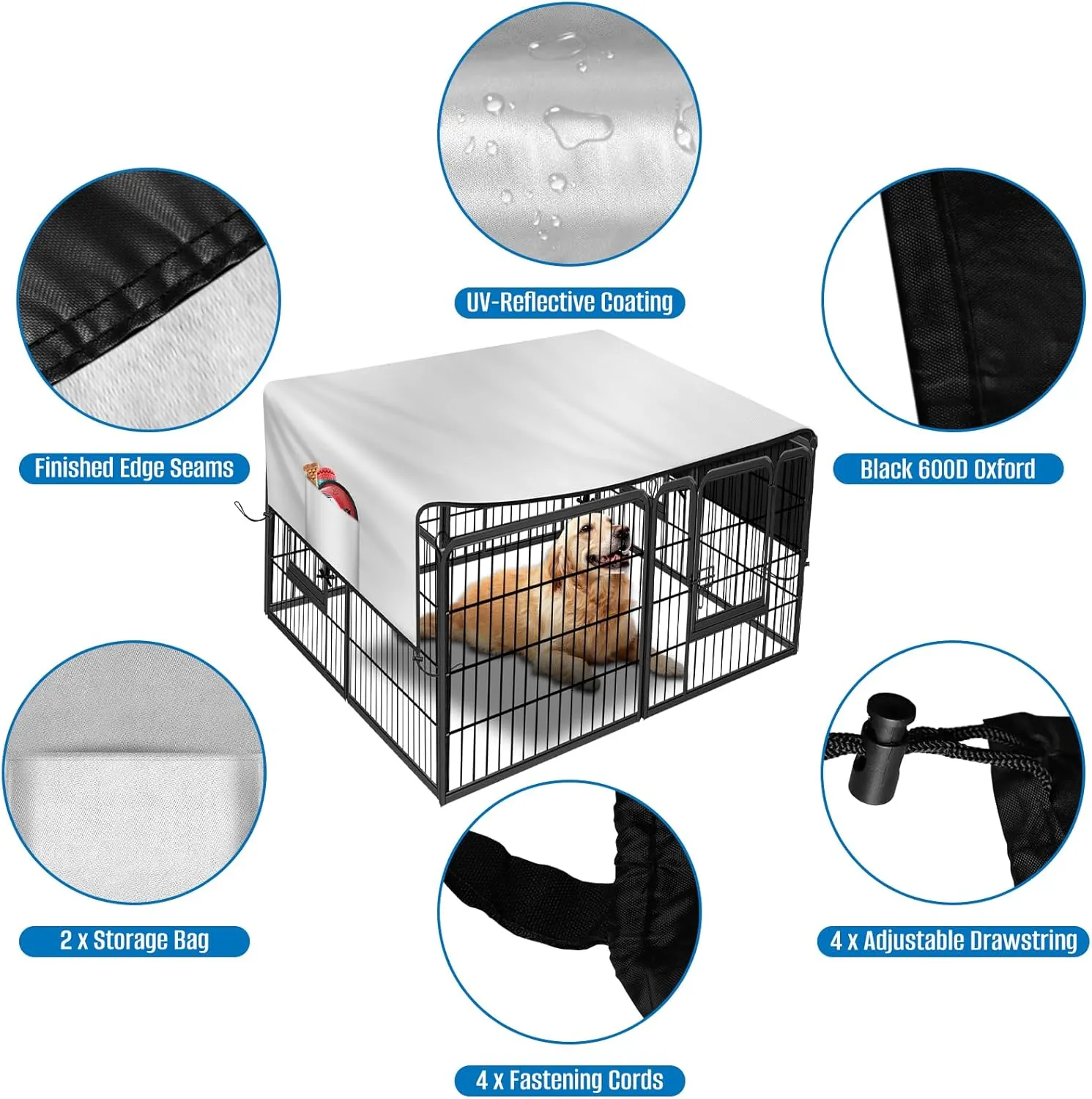 Dog Playpen Cover,Heavy Duty 600D Oxford Fabric with Sun/Rain Dog Play Pen Cover Top Sun Shade Specialized Fits for 24/32/40/45/50" Panels Dog Playpen.(Cover Only)