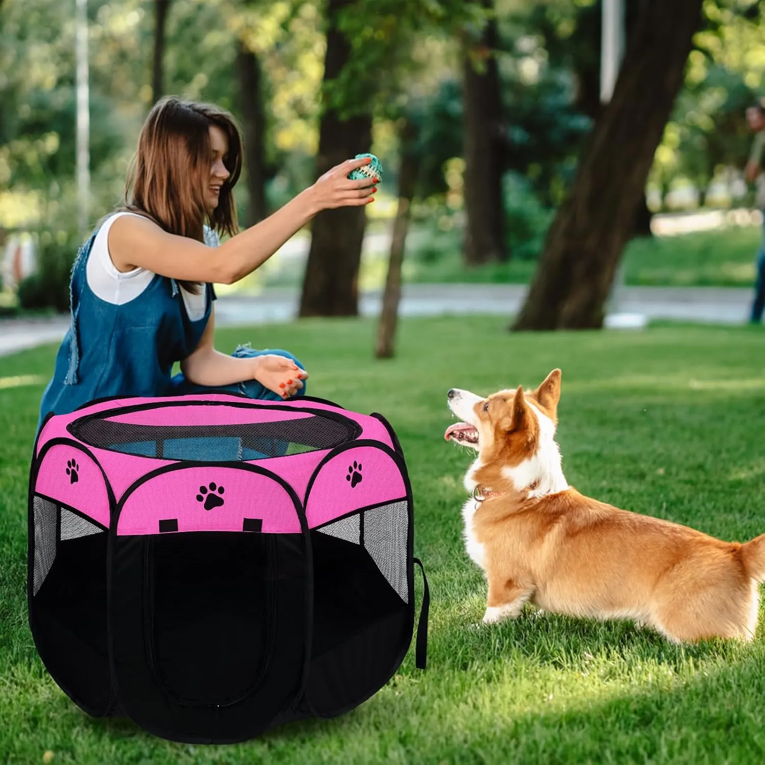 Dog playpen, Foldable Puppy Playpen, Pet Playpen Carrier Pop Up Tent 8-Panel Mesh Cover Adorable Design 600D Soft Oxford Playpen Kennel for Indoor-Outdoor Dog Cat Rabbit. (M 35" 35" 24", Rose)