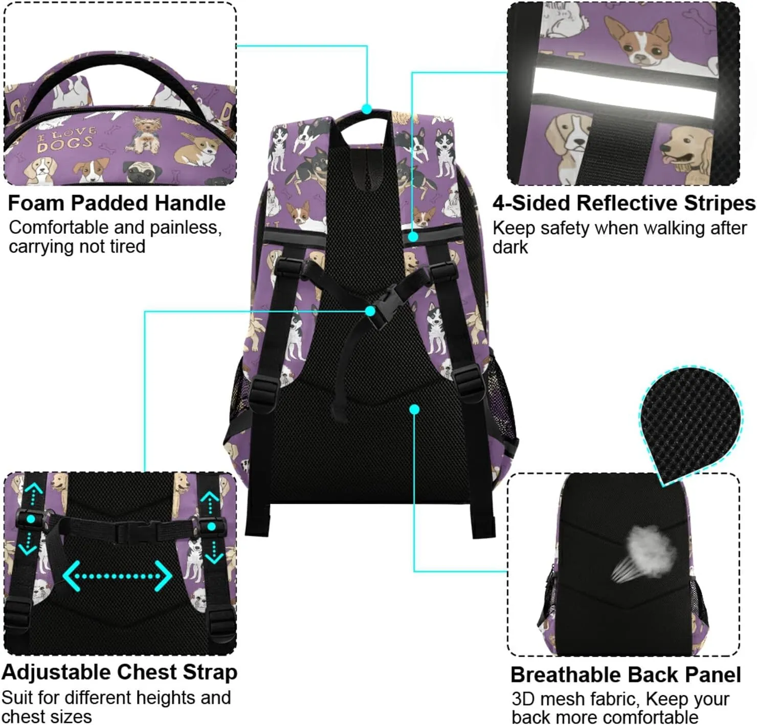 Dogs Purple Backpack for Boys Girls Lightweight Bookbag for Students Elementary School Laptop Daypack Rucksack for Teens Travel
