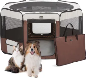 DONORO Dog Playpen 36" Portable Pet Play Pens for Small Dog/Cat/Rabbit/Chicks, Foldable Exercise Kennel Tent Crate Indoor/Outdoor Travel Camping, Removable Top/Bottom (Brown, Medium (36"x36"x20"), 8)
