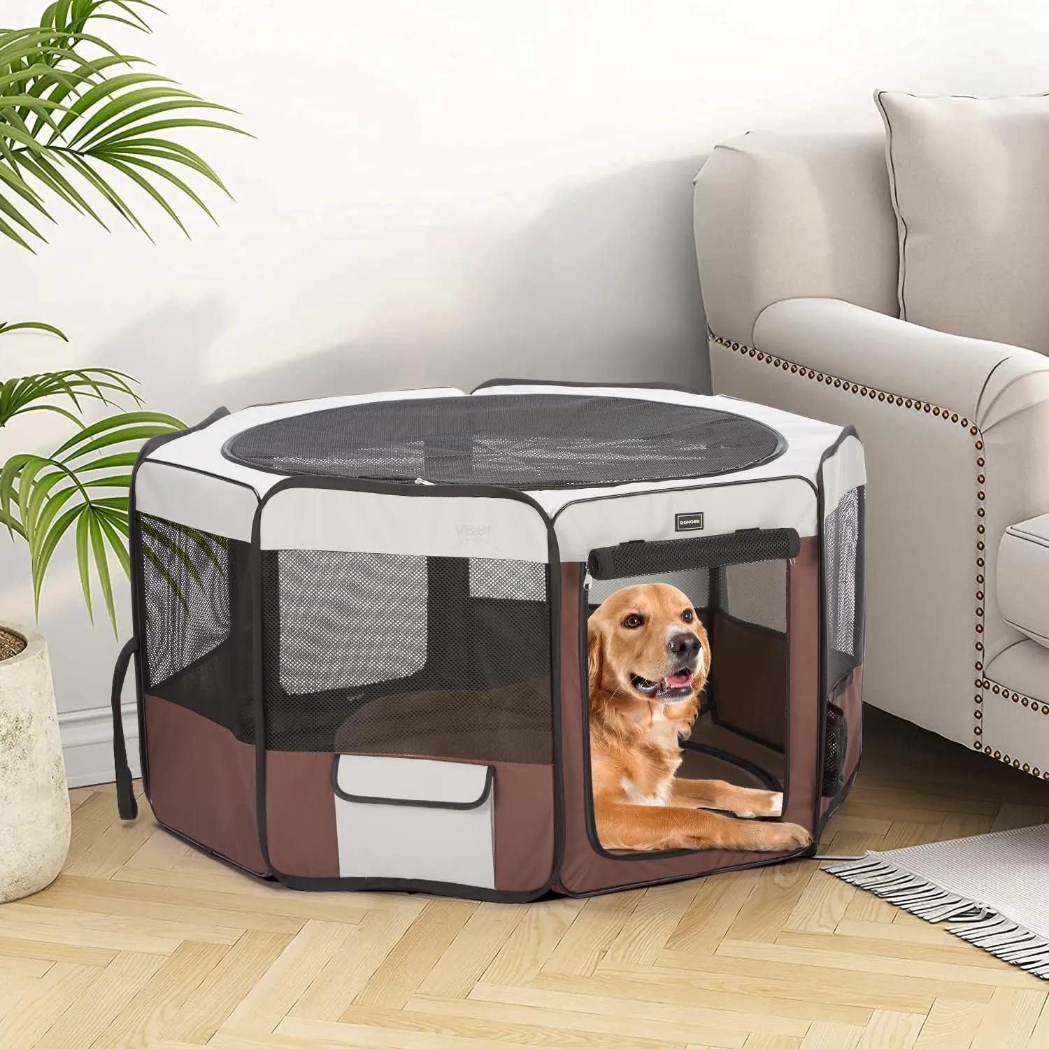DONORO Dog Playpen 36" Portable Pet Play Pens for Small Dog/Cat/Rabbit/Chicks, Foldable Exercise Kennel Tent Crate Indoor/Outdoor Travel Camping, Removable Top/Bottom (Brown, Medium (36"x36"x20"), 8)