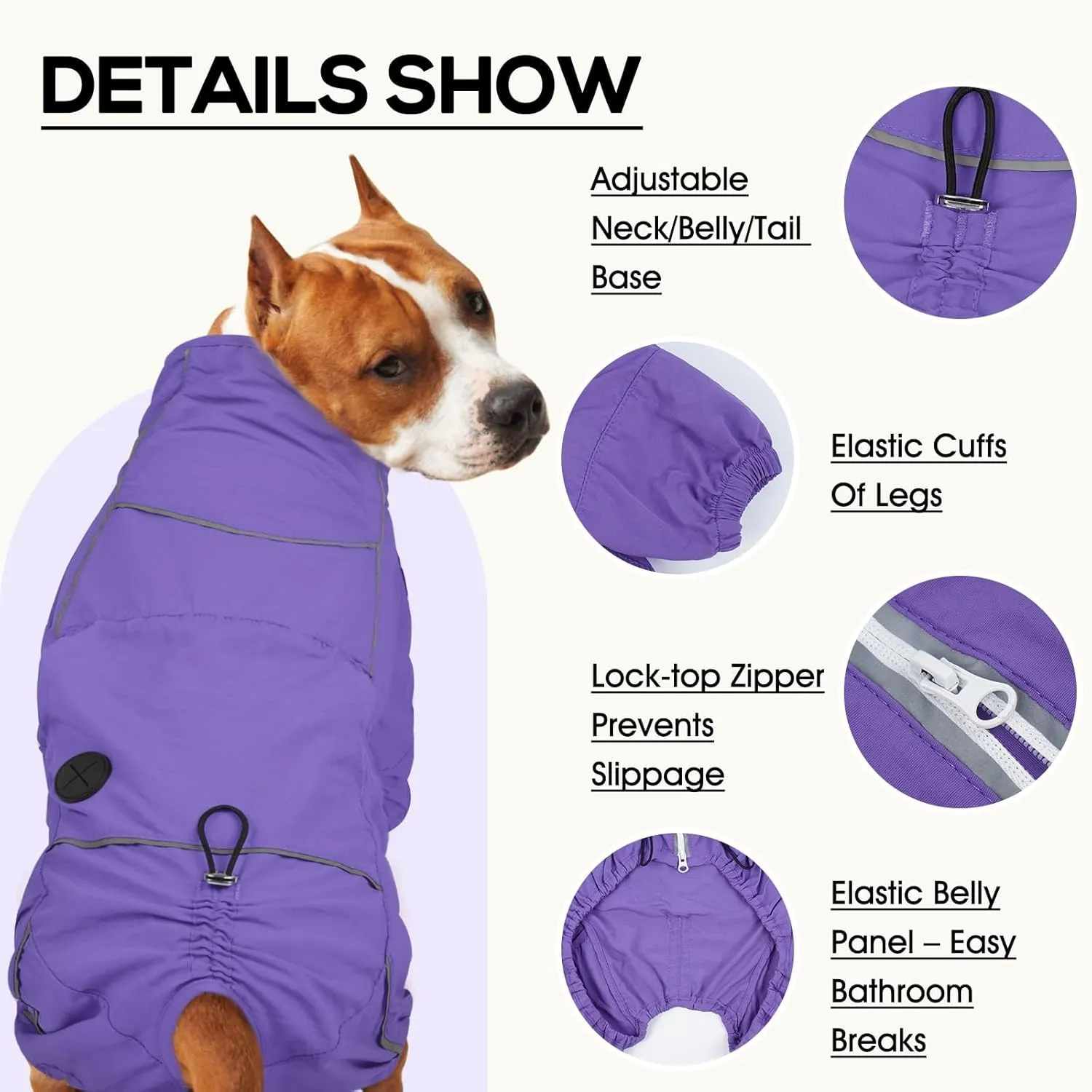 Dora Bridal Windproof Dog Jacket, Lightweight Water Resistant Dog Rain Coat, Adjustable Four-Legged Reflective Dogs Raincoat, Anti-Static Dogs Windbreaker for Hiking Waking(Purple, M)