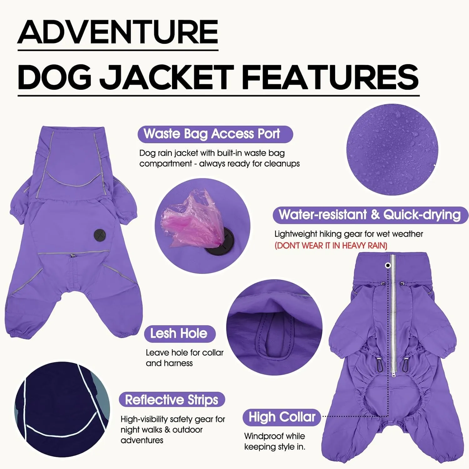 Dora Bridal Windproof Dog Jacket, Lightweight Water Resistant Dog Rain Coat, Adjustable Four-Legged Reflective Dogs Raincoat, Anti-Static Dogs Windbreaker for Hiking Waking(Purple, M)
