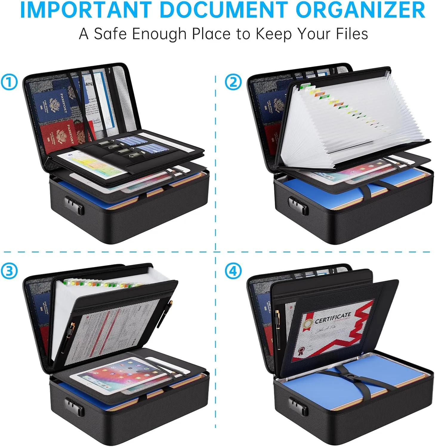 ENGPOW Fireproof Document Box with Lock,5200 Soft Case Fireproof Box with 25 Pocket Accordion File Folder,Multi-Layer Fireproof Water Resistant File Organizer Storage for Important Documents,Laptop