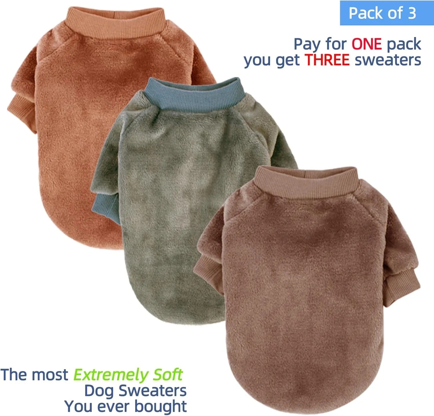 FabriCastle Dog Sweater, 3-Pack Dog & Cat Clothes, Ultra Soft and Warm Pet Jackets XXS XS for Small Dogs Boy & Cats, Winter Pet Apparel Costumes, Puppy Outfits (Camel,Khaki,Olive, X-Small)