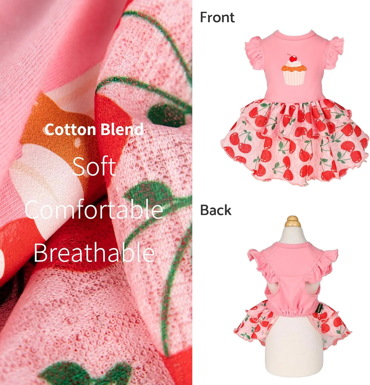 Fitwarm Cherry Cupcake Dog Tiered Dress, Doggy Clothes for Small Dogs Girl, Dog Summer Dress, Pet Apparel, Light Pink, Red, Green, XXS
