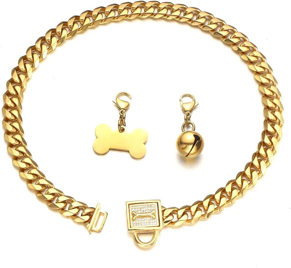 Gold Chain Dog Collar Walking Trainning Chain Collar with CZ Lock ID Tag and Bell Chew Proof 11MM/15MM/19MM Stainless Steel Cuban Link Chain for Small Medium Large Dogs(11mm, 14inch)