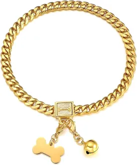 Gold Chain Dog Collar Walking Trainning Chain Collar with CZ Lock ID Tag and Bell Chew Proof 11MM/15MM/19MM Stainless Steel Cuban Link Chain for Small Medium Large Dogs(11mm, 14inch)