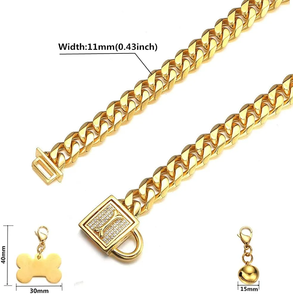 Gold Chain Dog Collar Walking Trainning Chain Collar with CZ Lock ID Tag and Bell Chew Proof 11MM/15MM/19MM Stainless Steel Cuban Link Chain for Small Medium Large Dogs(11mm, 14inch)