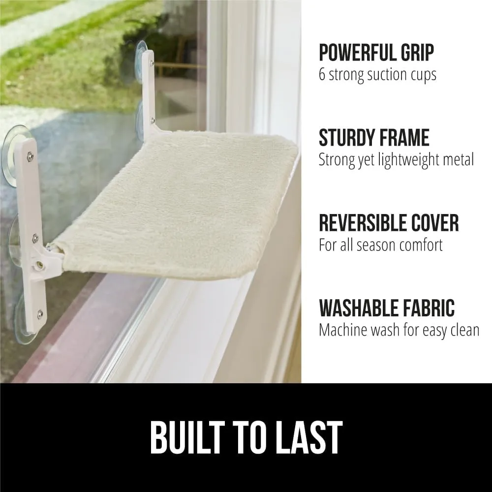 GORILLA GRIP Cat Window Perch, Sturdy Cat Hammock Bed Window Seat with 6 Large Suction Cups, Foldable Cordless Indoor Kitten Wall Shelves, Strong Metal Frame, Reversible Washable Cover, Medium Beige