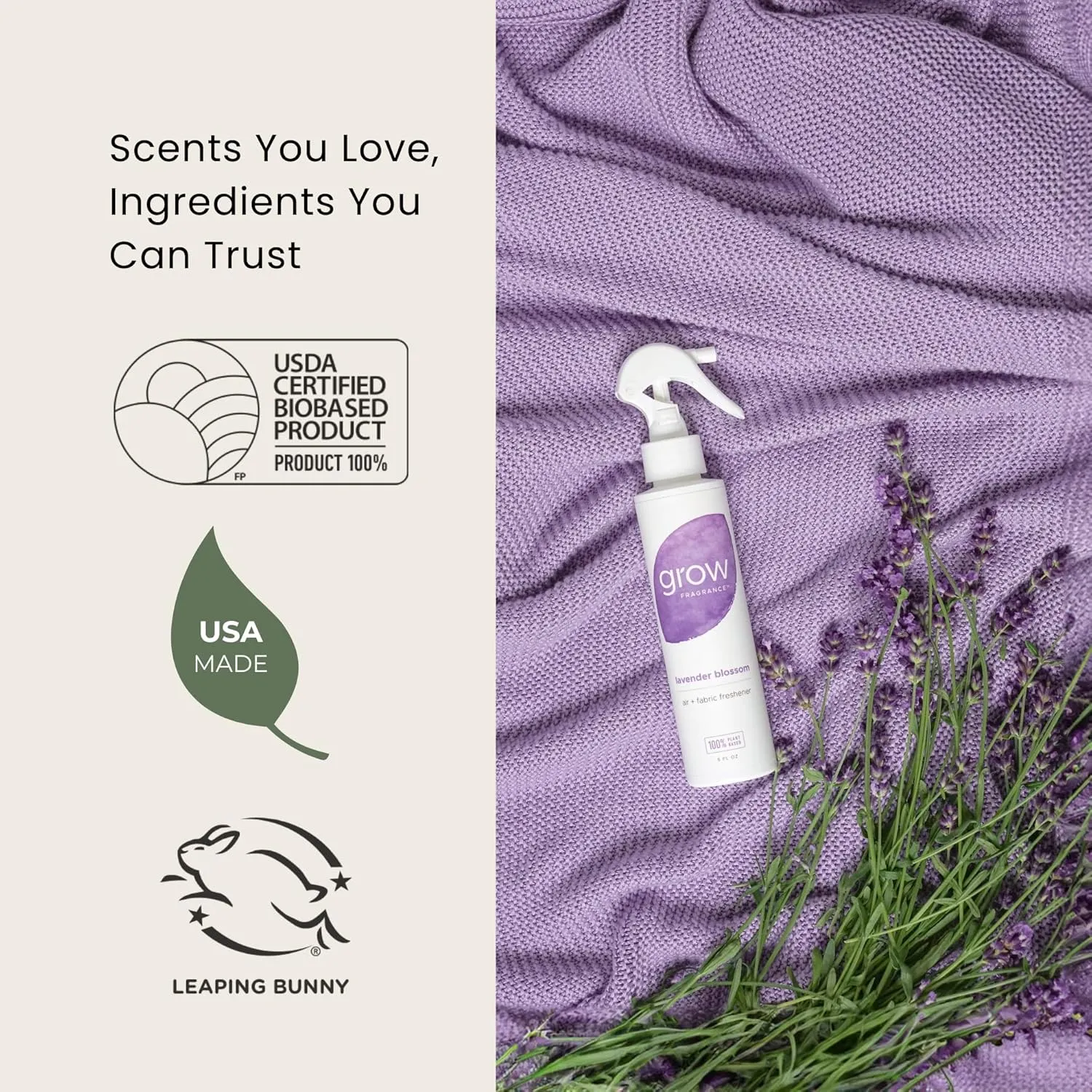 Grow Fragrance Scented Fabric and Room Air Freshener Spray - Certified Non-Toxic, 100% Plant-Based Essential Oils - 5 oz (Lavender Blossom   Black Currant Rose 2-Count)