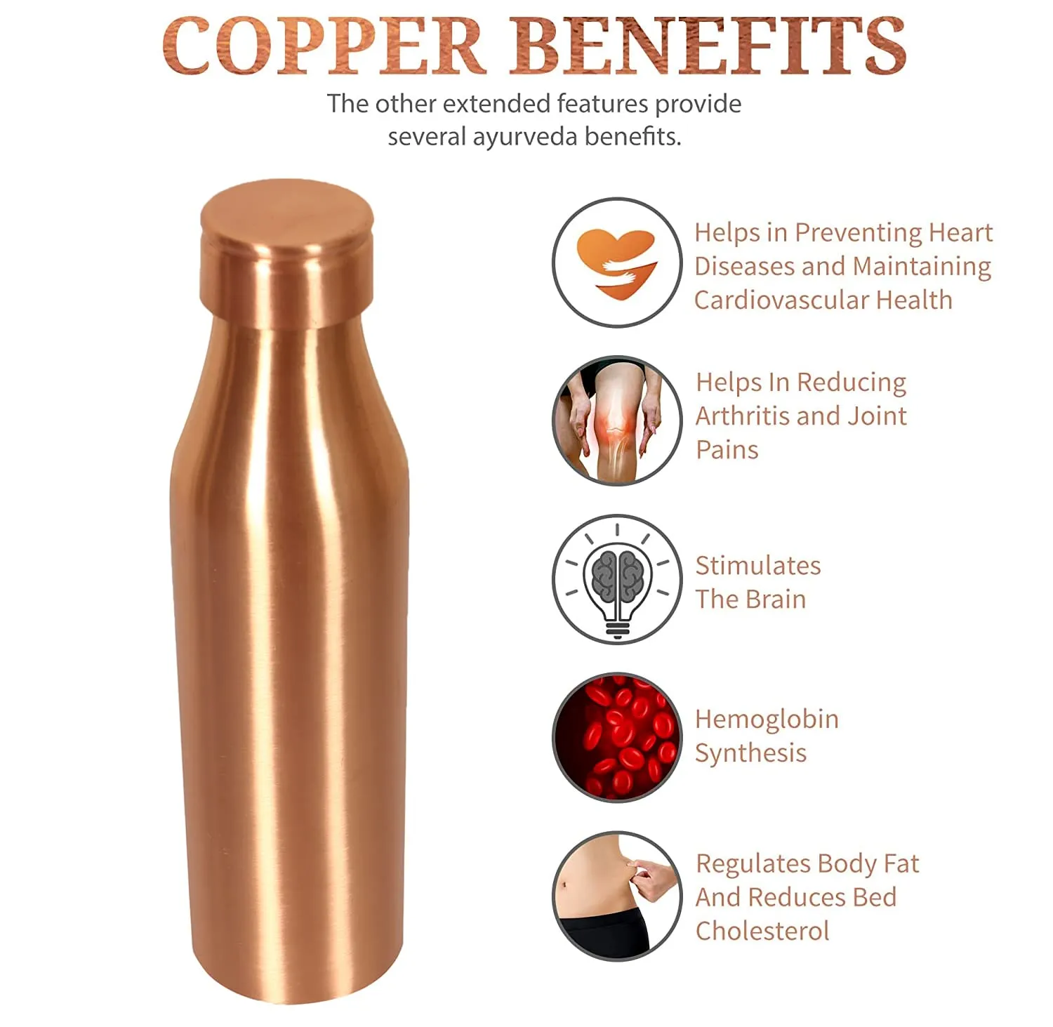 Heart Home Copper Plain & Leak Proof Water Bottle For Home, office, Traveling. 1 Ltr (Brown)
