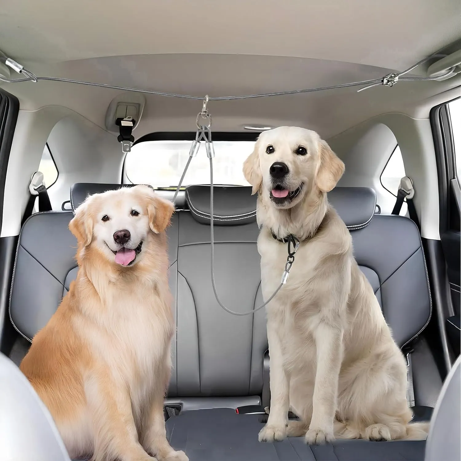 Heavy Duty Dog Safety Leash System, 360 Degree Swivel Clip, for Dogs Up to 500LBS xx - Great for Driving (Silver for 2 Dogs)